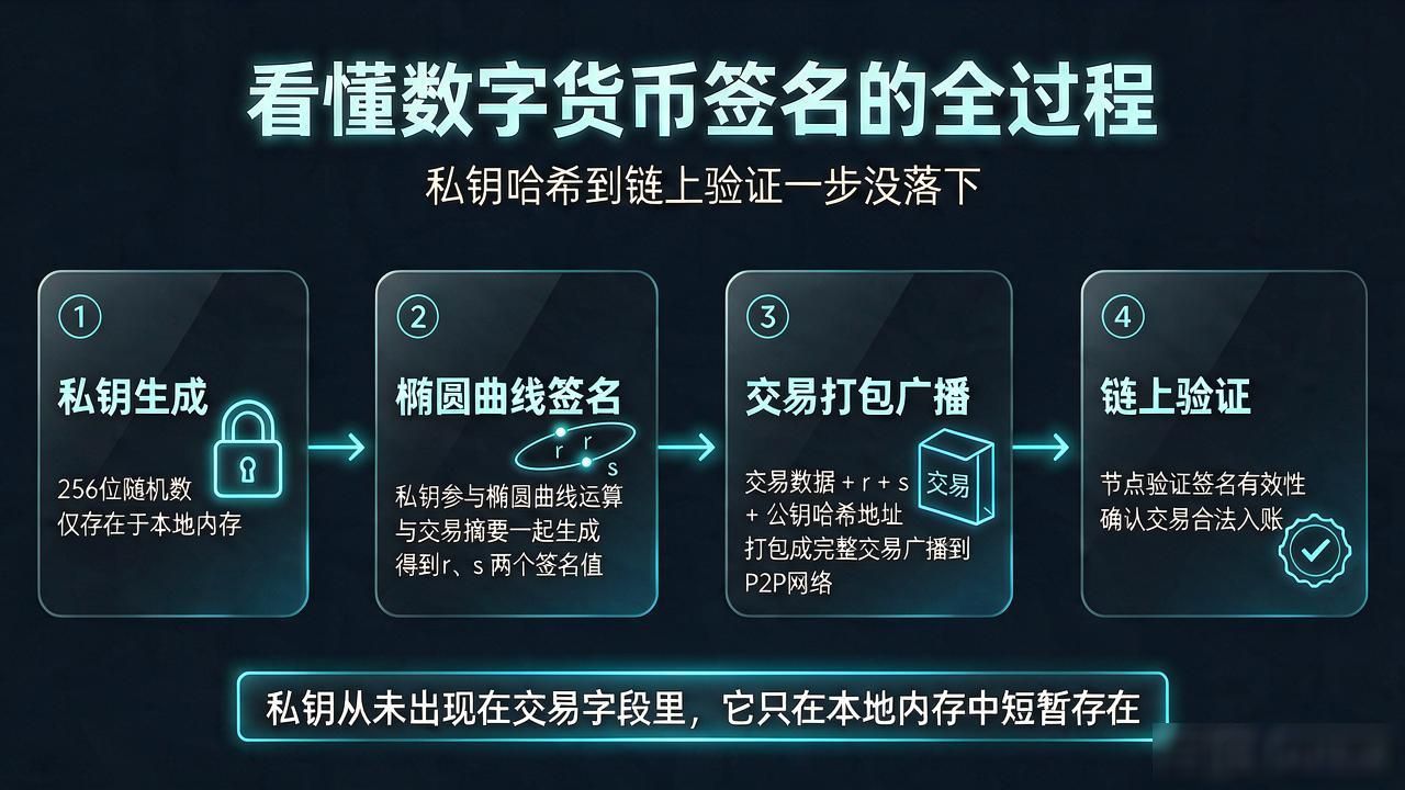 看懂数字货币签名的全过程：私钥哈希到链上验证一步没落下