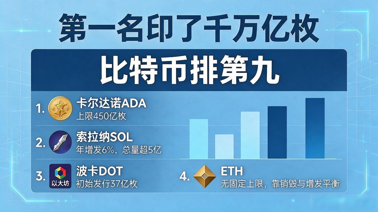 数字货币总量排名前十，比特币只排第九，第一名印了千万亿枚